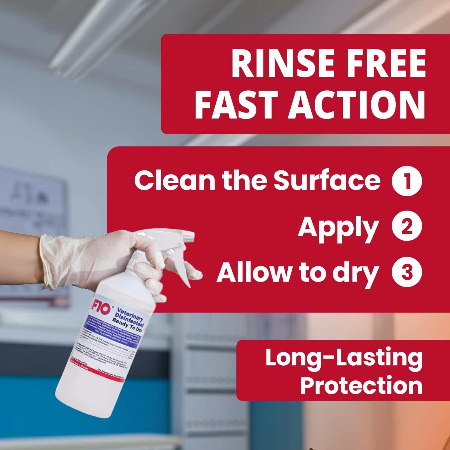 F10 ready-to-use disinfectant applied to cages to promote a clean habitat