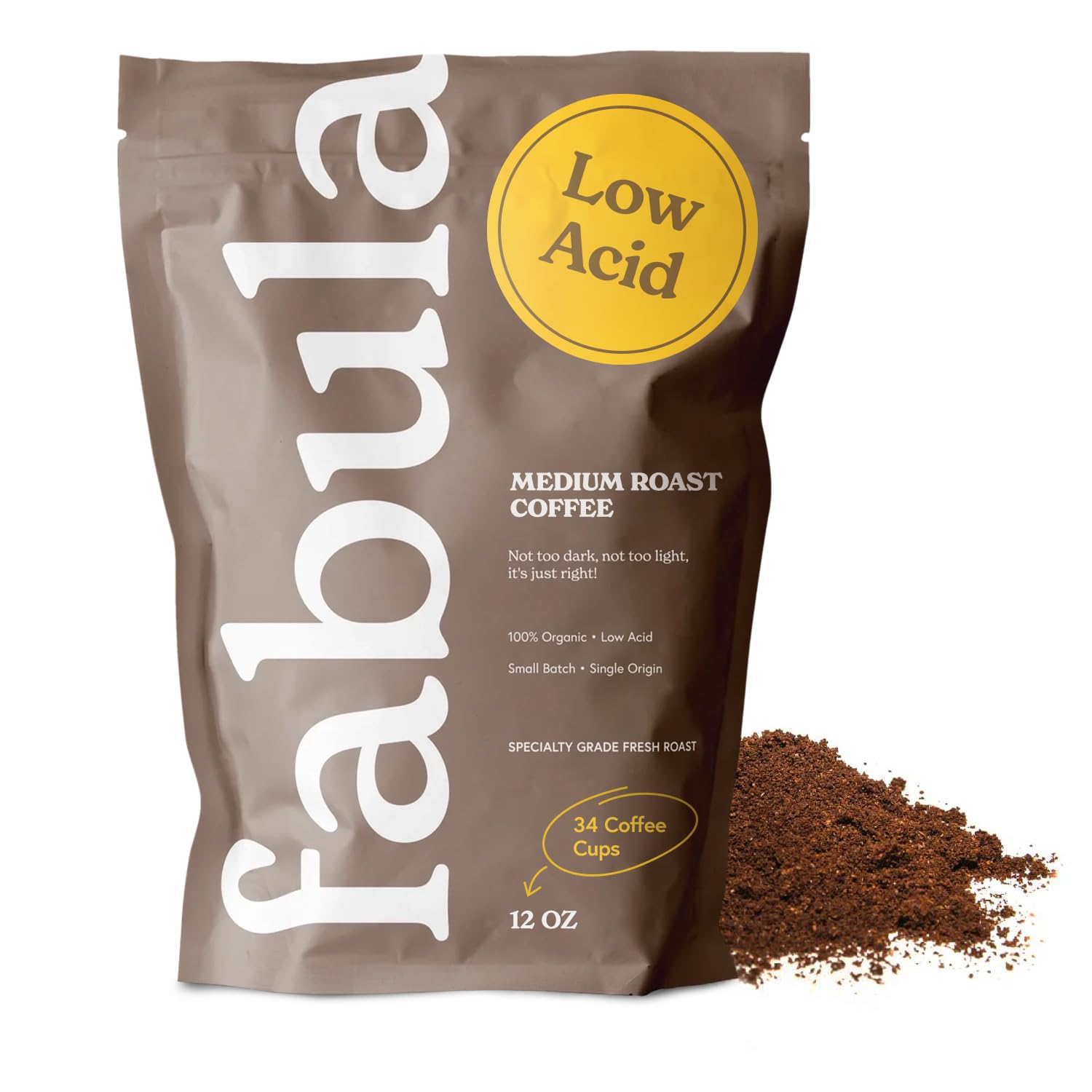 Fabula low acid coffee pack shot emphasizing clean, gentle brew for sensitive systems