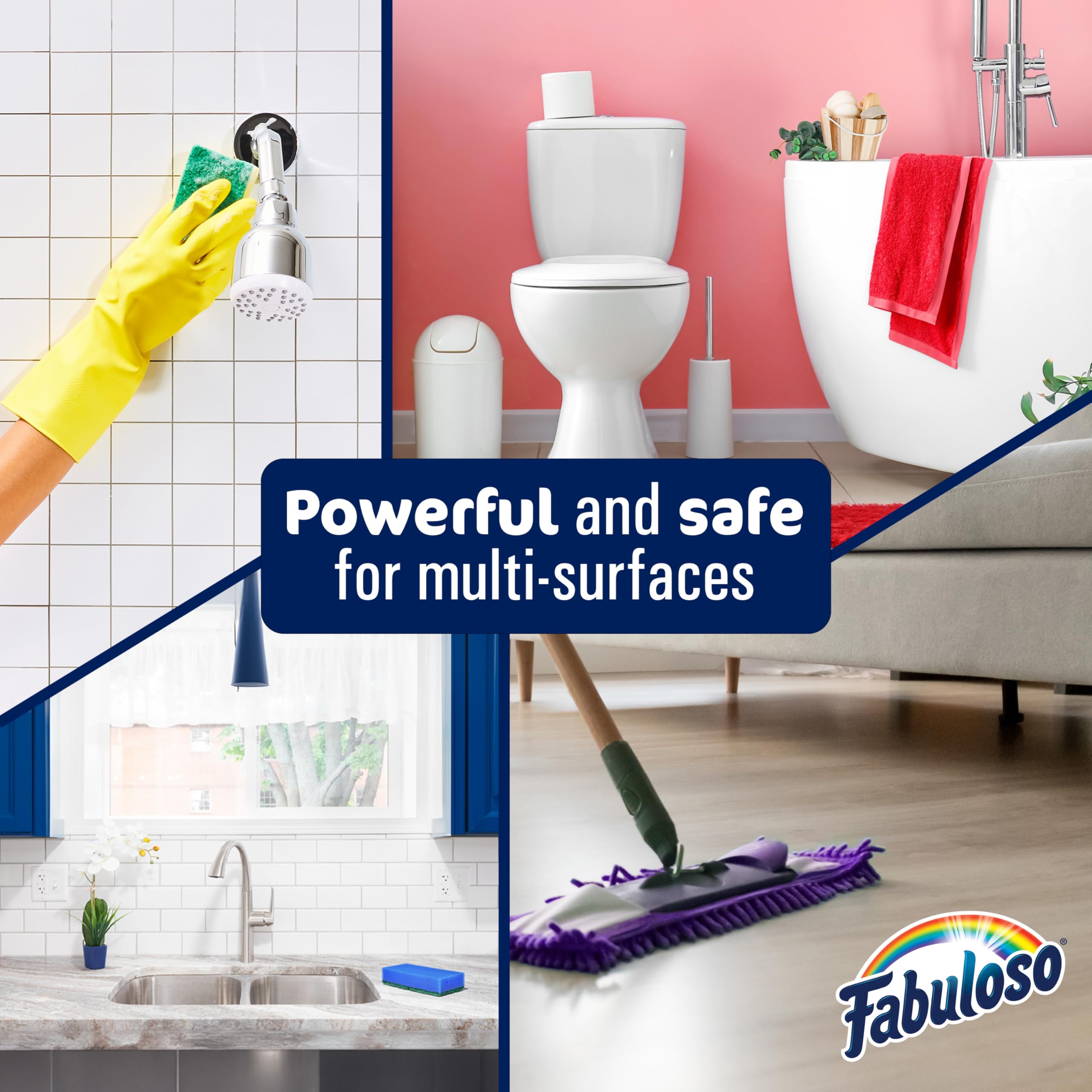 Fabuloso bathroom-cleaner tiles shows fresh lavender aroma across tiles.