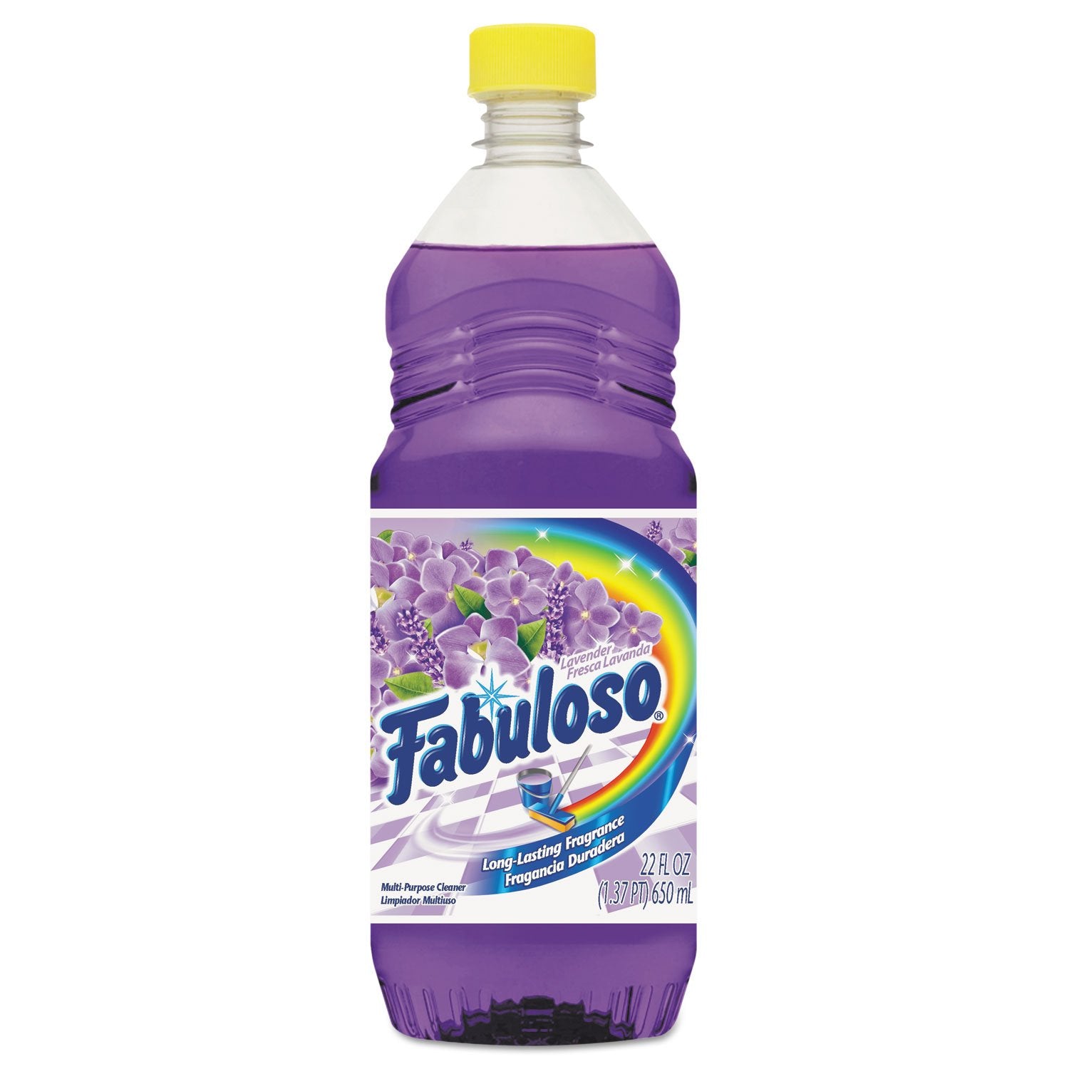 Fabuloso Lavender cleaner bottle pouring, with a fresh scent, for all-purpose cleaning on various surfaces