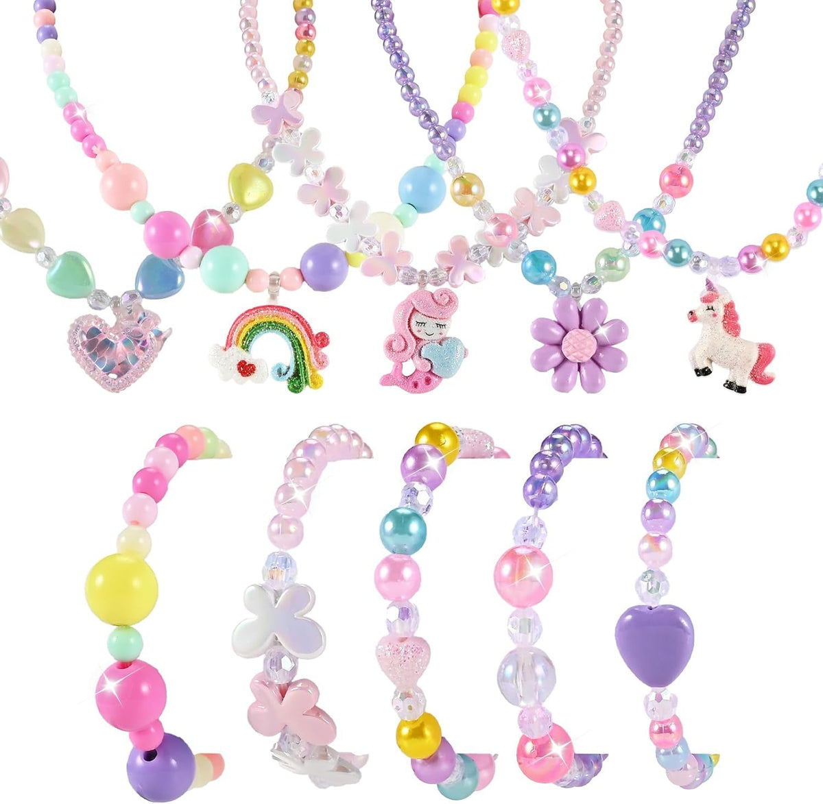 Faburo 10-piece kids jewelry set with necklaces and bracelets for dress-up fun