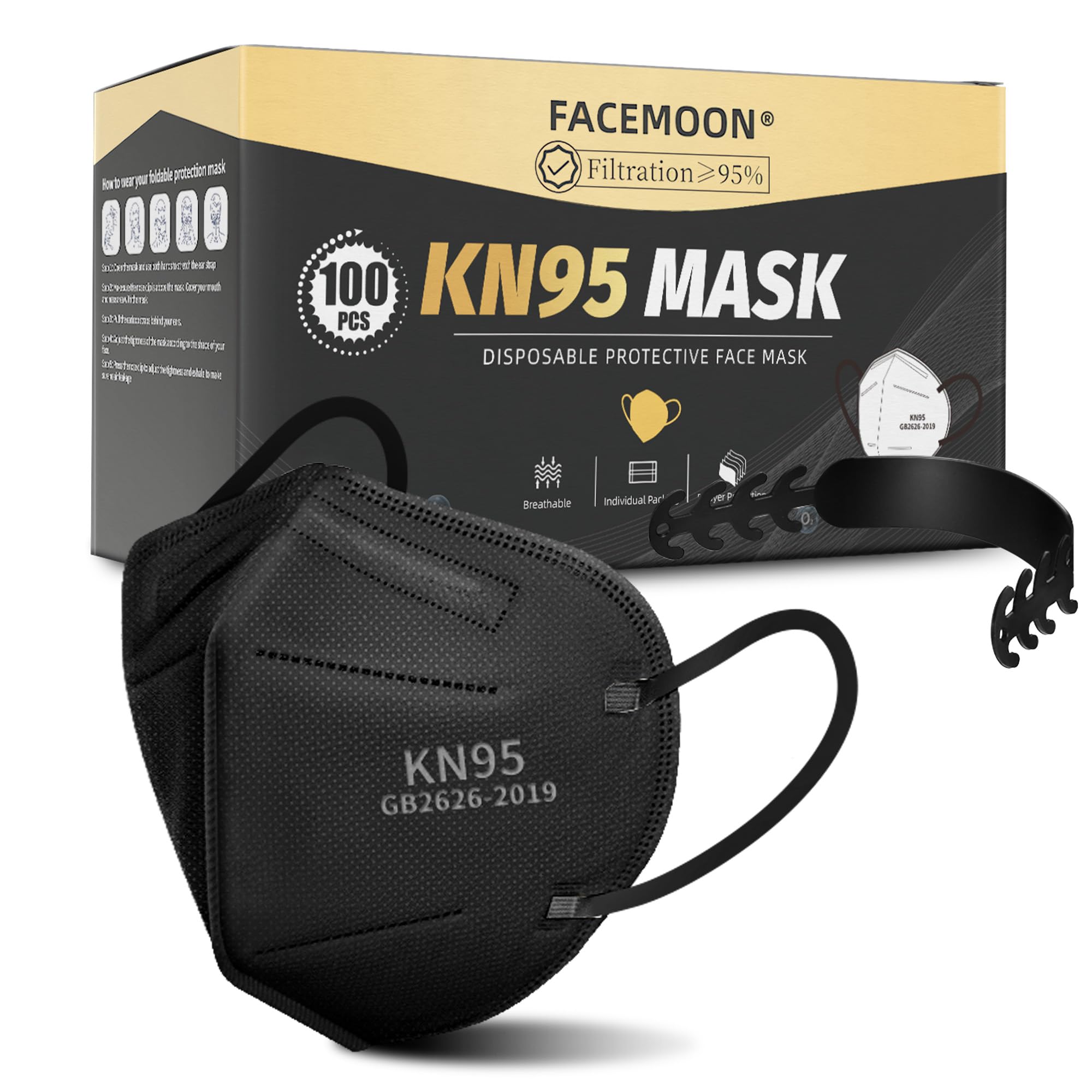 FACEMOON KN95 black 100-pack box for bulk coverage and easy replacement.