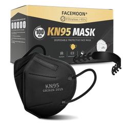 FACEMOON KN95 black 100-pack box for bulk coverage and easy replacement.