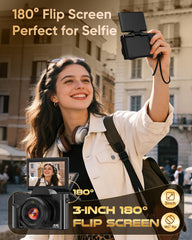 FACLAM 4K camera with 180-degree flip screen for selfies.