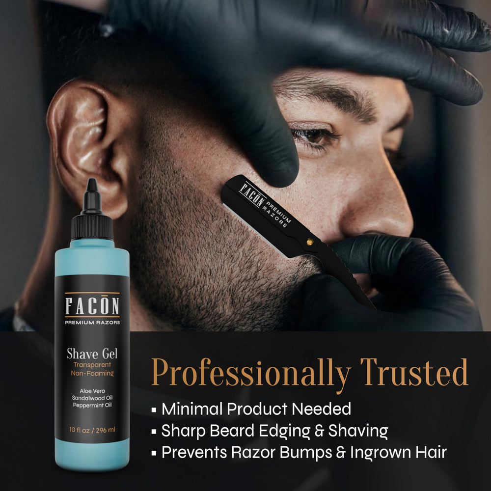 FACON clear non-foaming gel provides visibility for detailed beard lines.