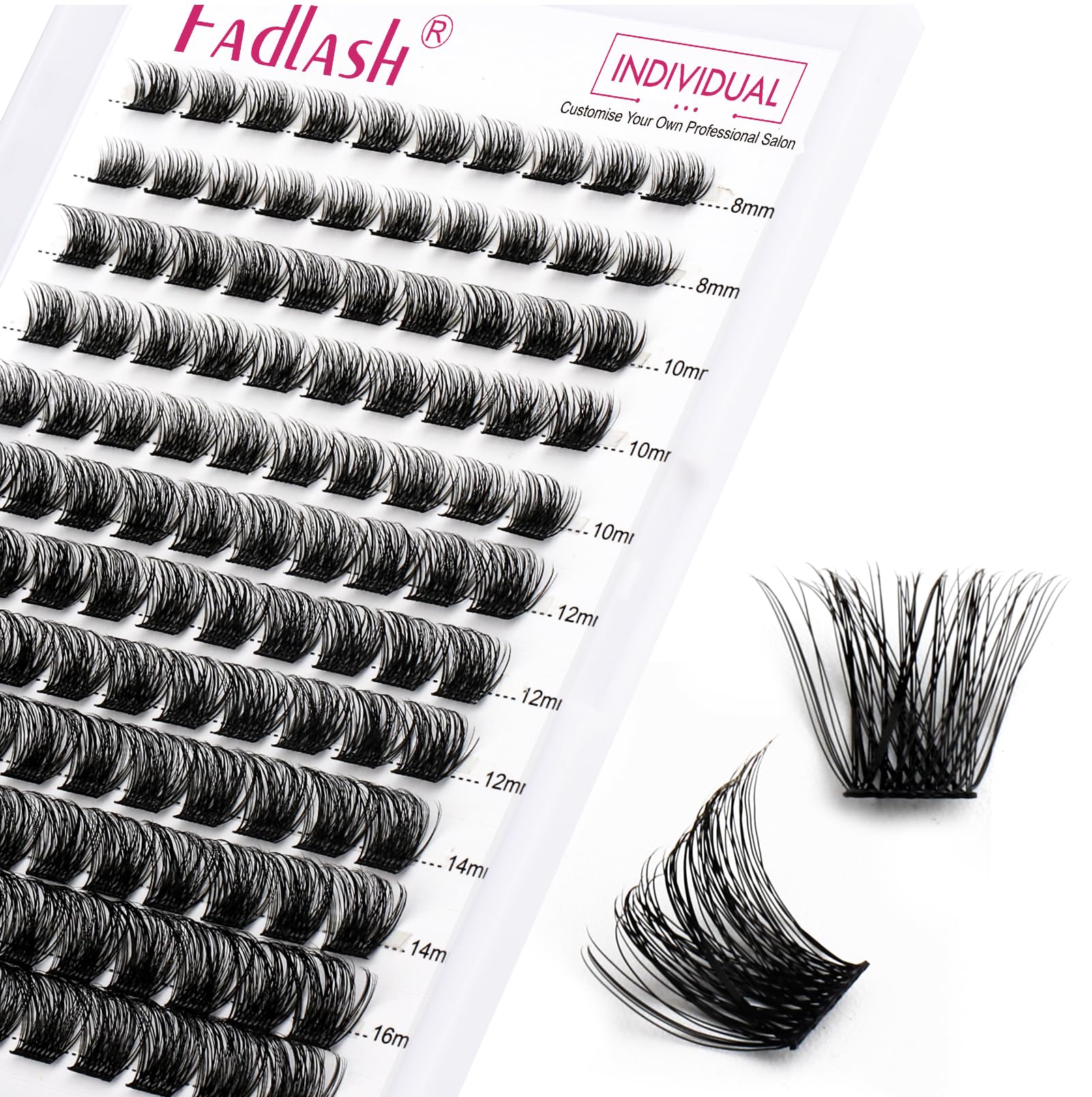 FADLASH D Curl 0.07mm lash clusters in mixed lengths for lightweight at-home application.