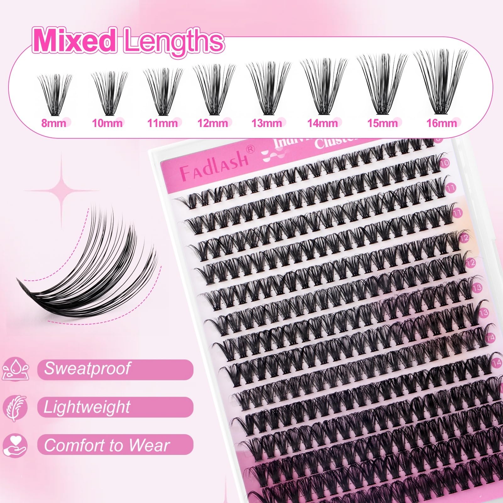 FADLASH natural wispy lash clusters 8–16mm for customizable eye looks.