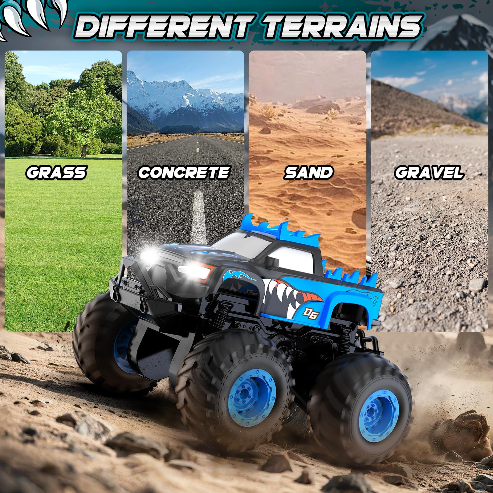 FAFUGANIA monster truck in upright mode handles uneven terrain safely.