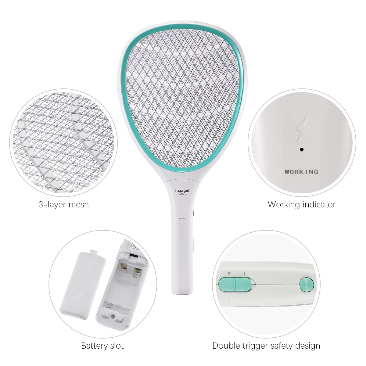 Faicuk handheld bug zapper battery-compartment detail emphasizes battery-powered convenience.