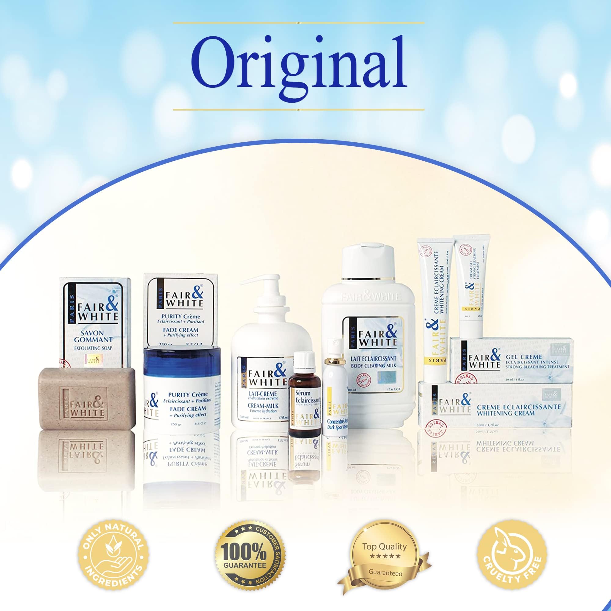 Packaging box of FAIR & WHITE Original highlighting lightweight, easy-to-use formula.
