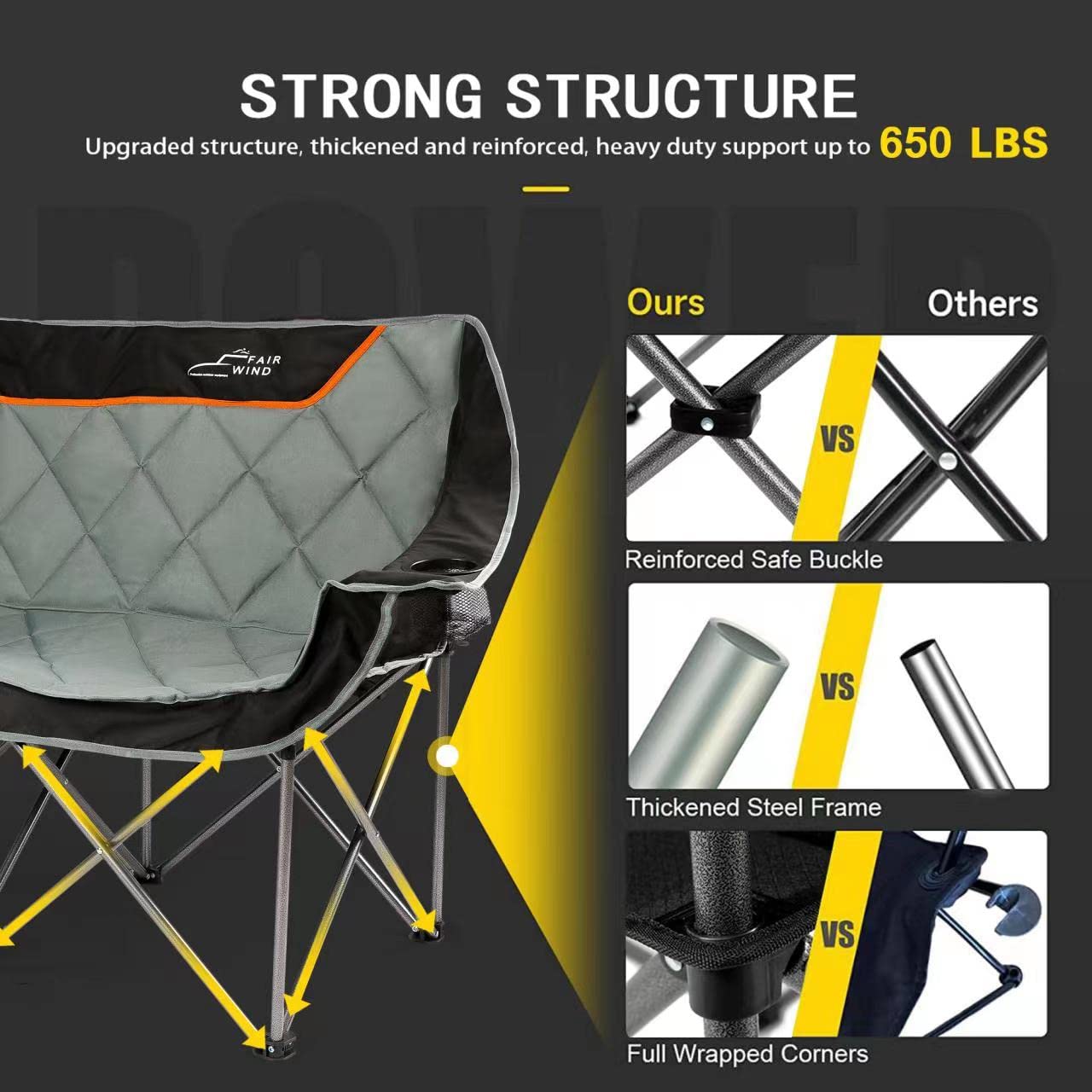 FAIR WIND chair front stabilizing legs improving weight capacity and balance.