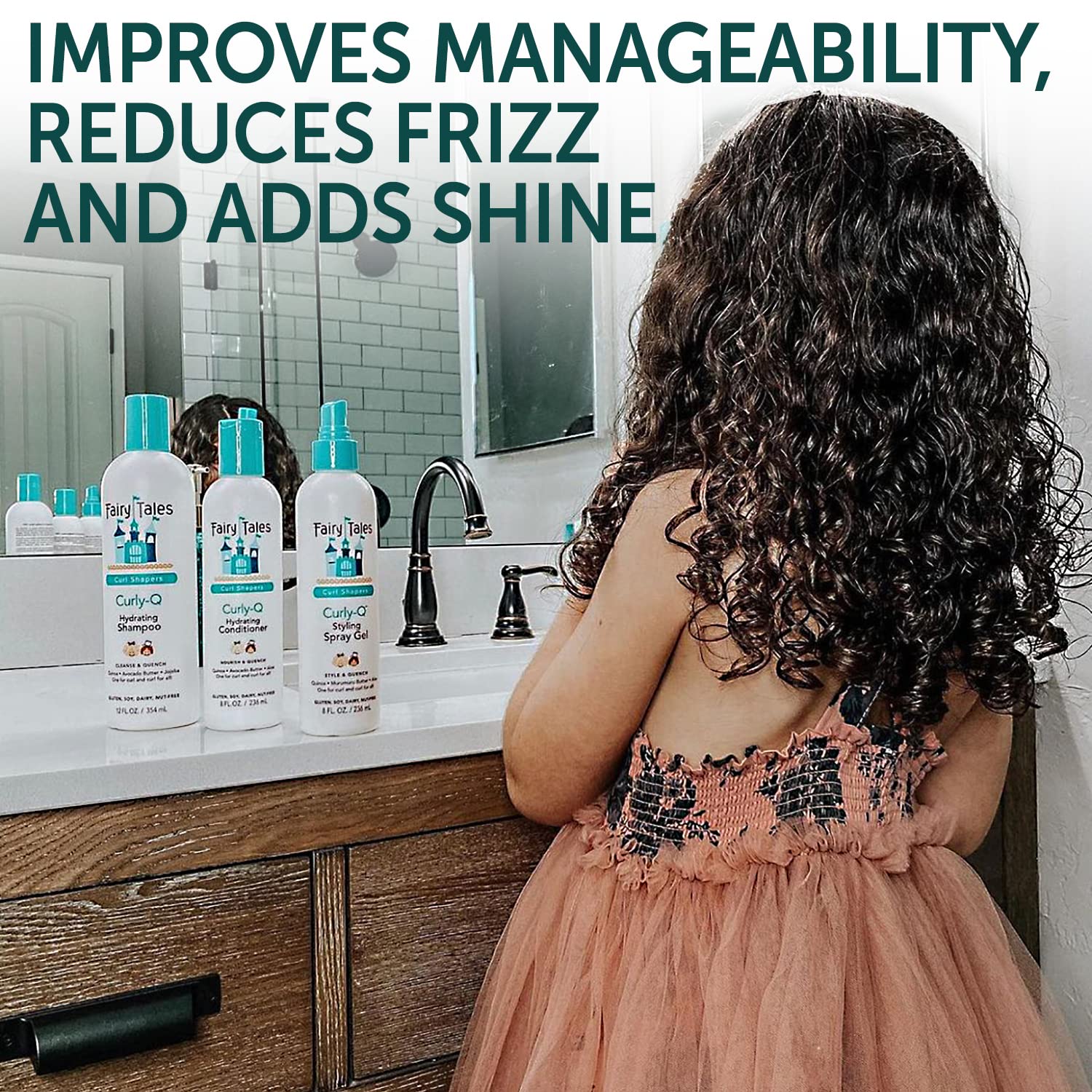 Close-up of Fairy Tales Curly Q conditioner bottle detangling preparation.