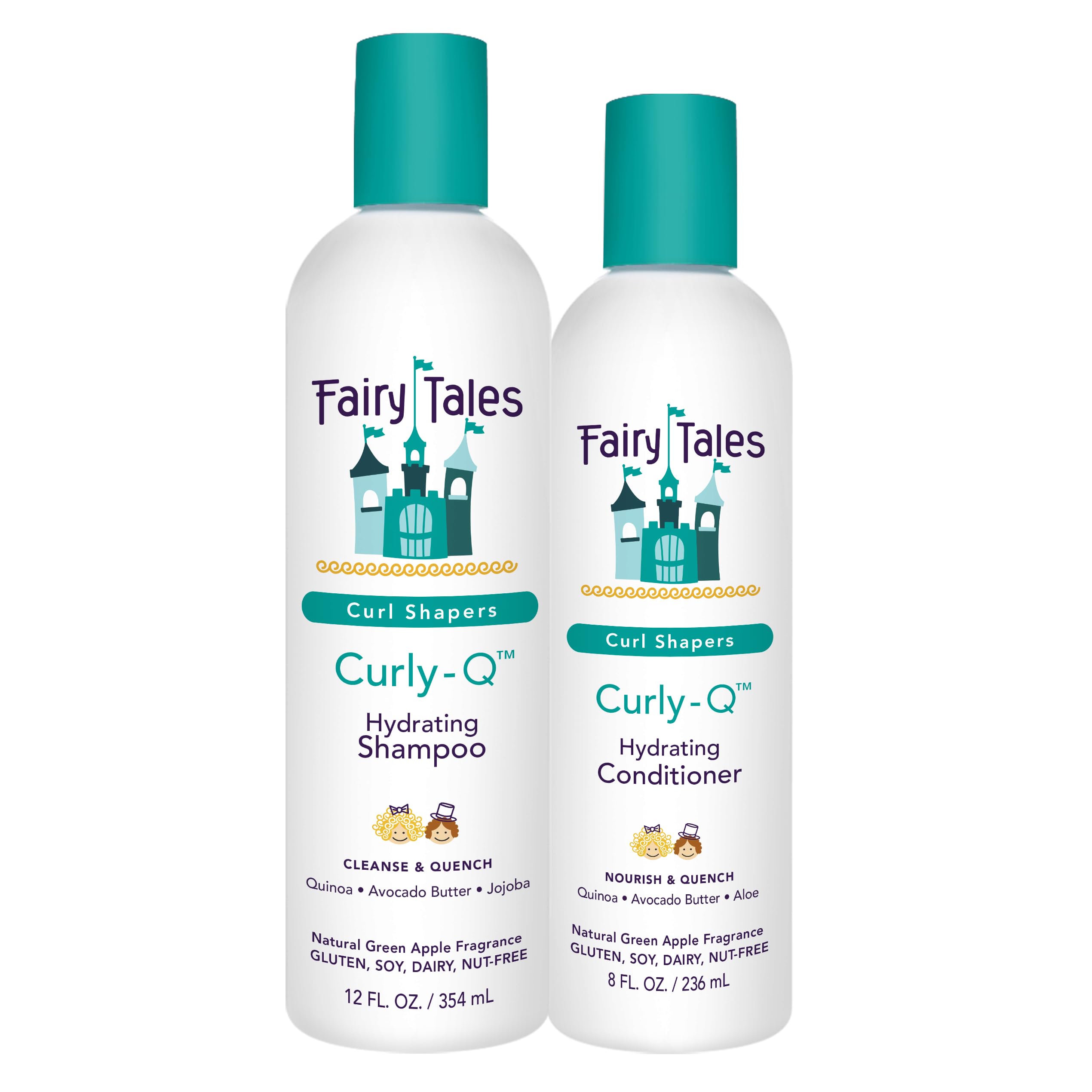 Fairy Tales Curly Q two-pack bottles on display, highlighting hydrated curls.