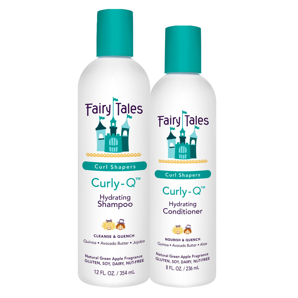 Fairy Tales Curly Q two-pack bottles on display, highlighting hydrated curls.