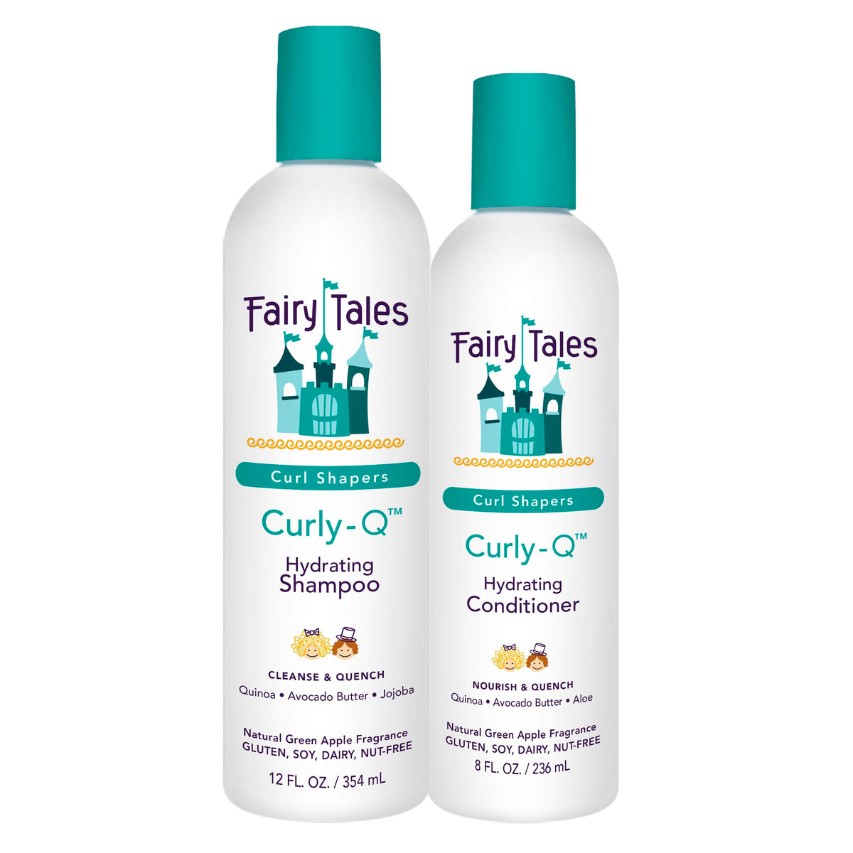 Fairy Tales Curly Q two-pack bottles on display, highlighting hydrated curls.