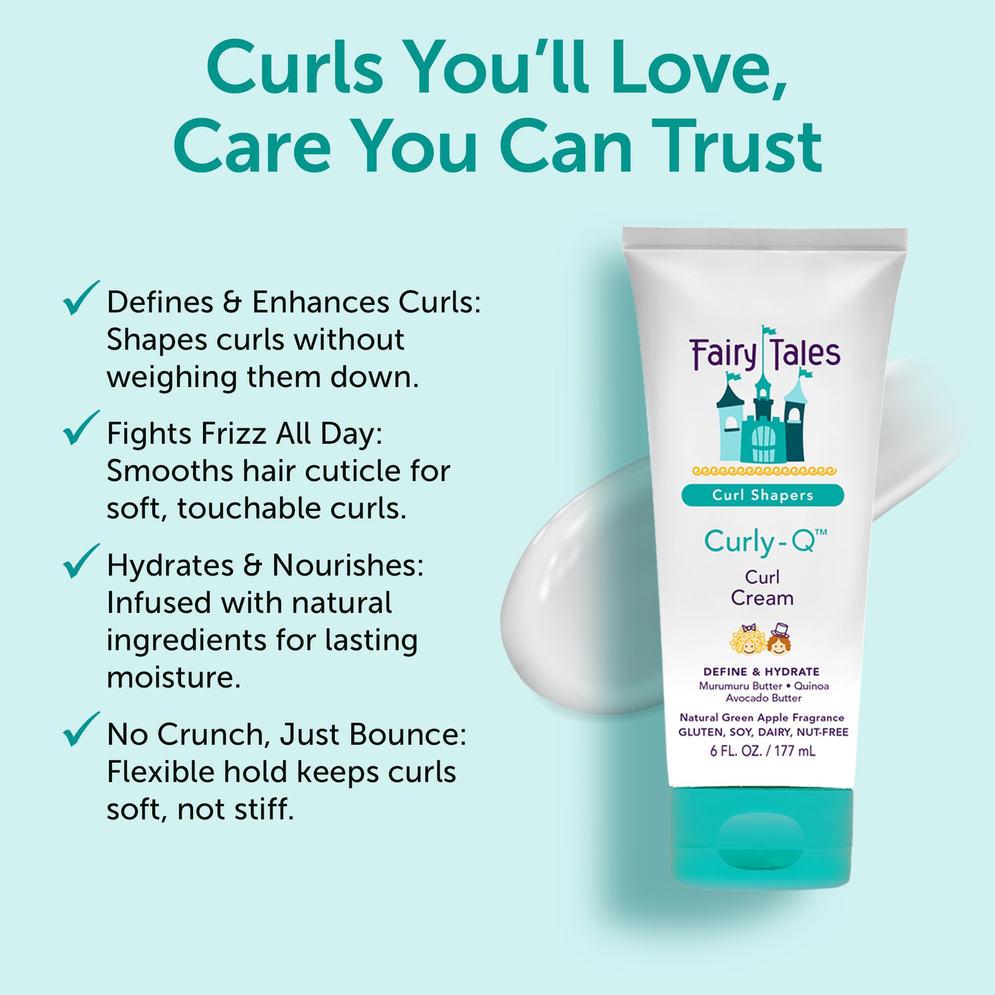 Fairy Tales Curly Q Kids curls-definition action highlighted by a fresh green apple scent.