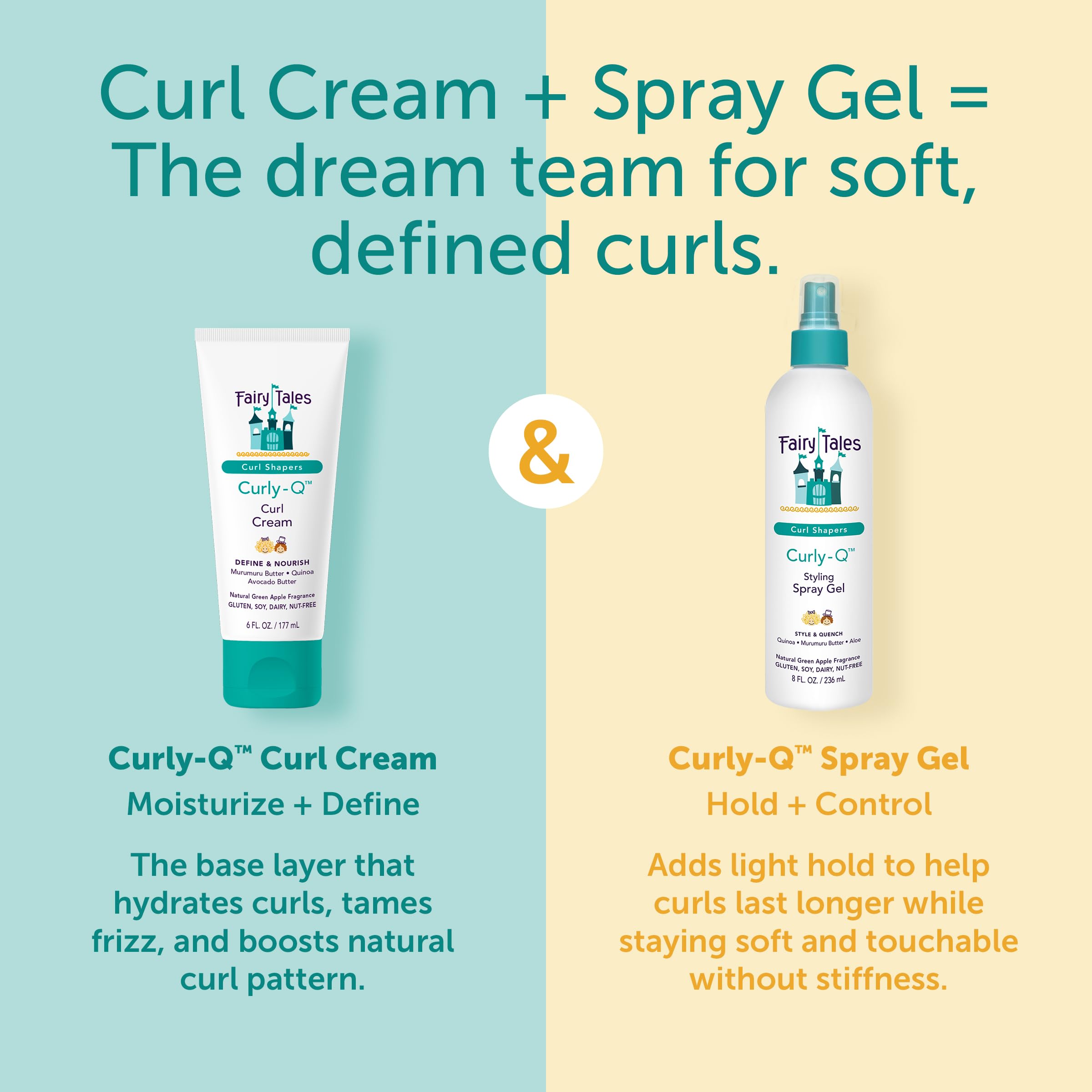 Fairy Tales Curly Q Kids bottle in shower scene suggests quick refresh and curl revival.