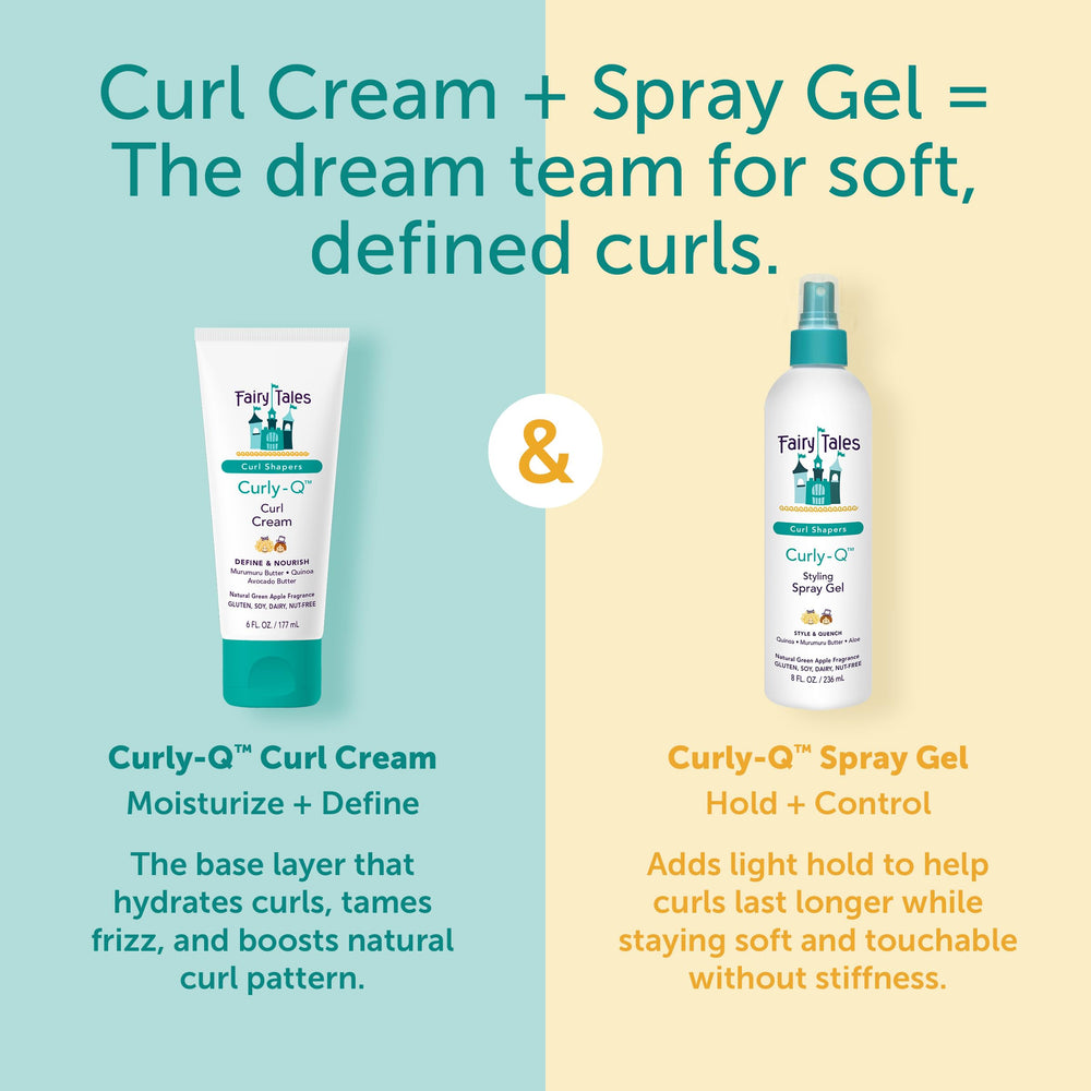 Fairy Tales Curly Q Kids bottle in shower scene suggests quick refresh and curl revival.