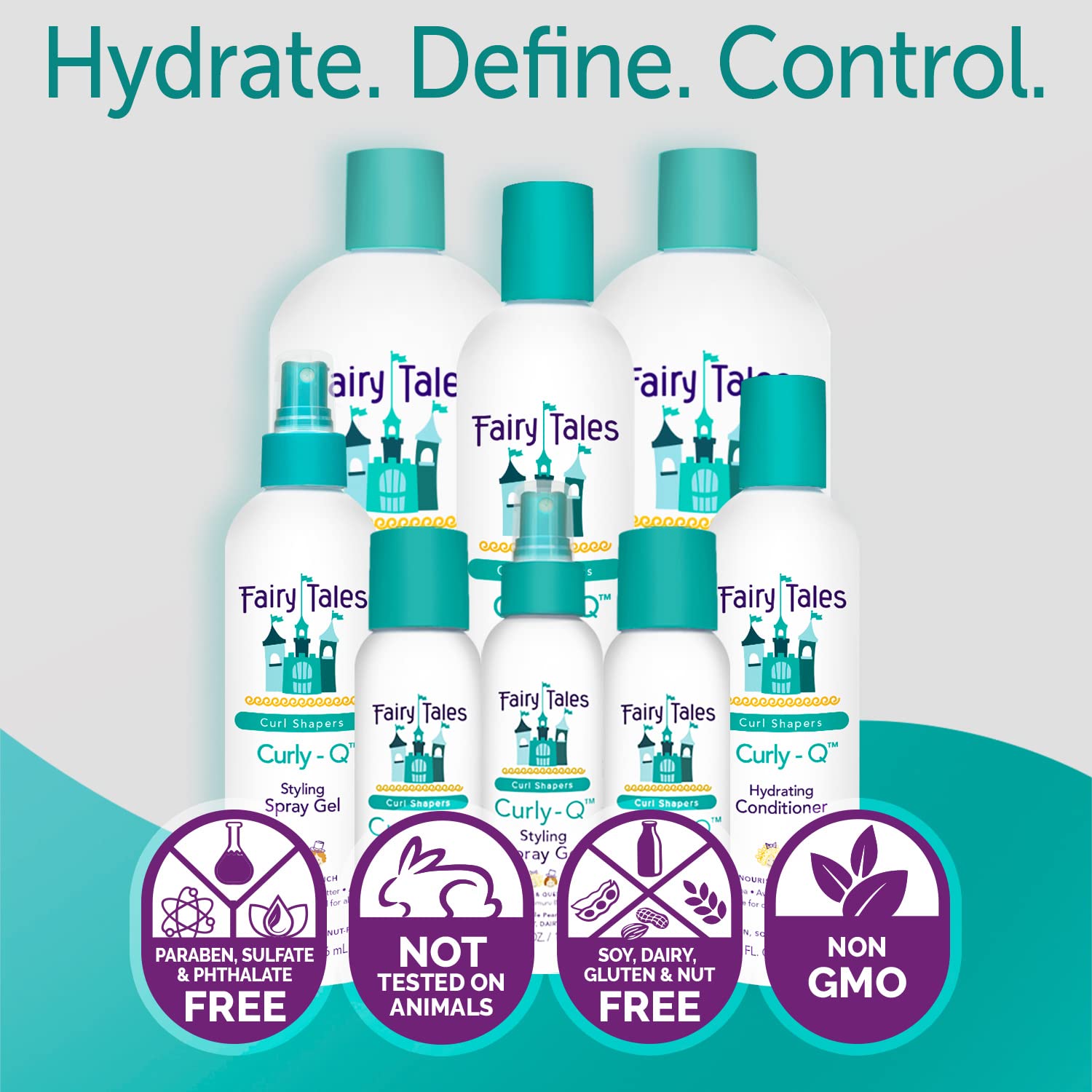 Nut-free and sulfate-free Fairy Tales Curly Q label shown.