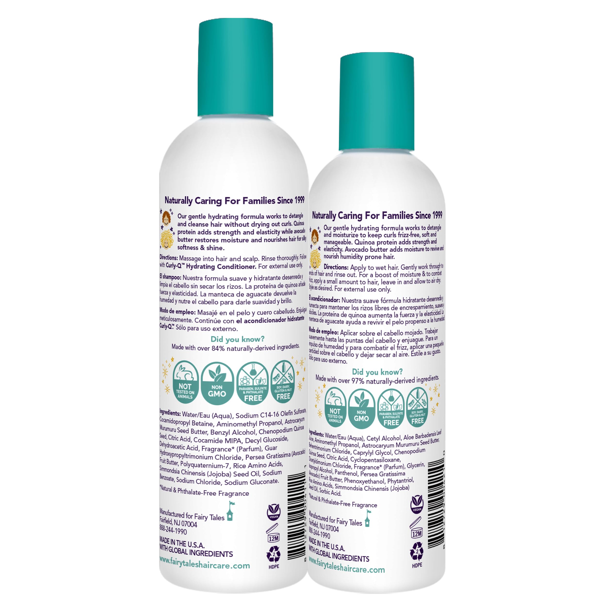 Fairy Tales Curly Q shampoo bottle pouring for gentle cleansing.