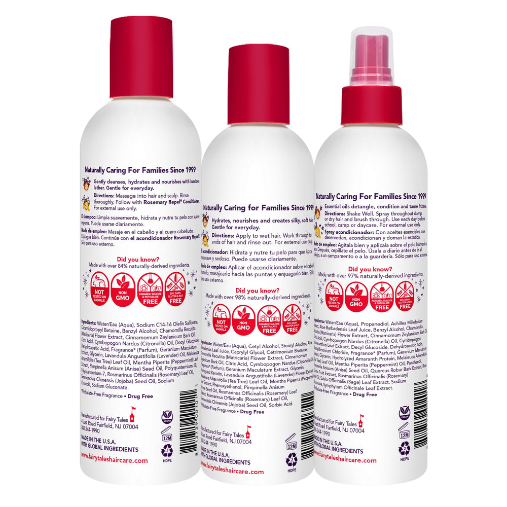 Fairy Tales Rosemary Repel conditioner bottle illustrating detangling and scalp hydration for kids