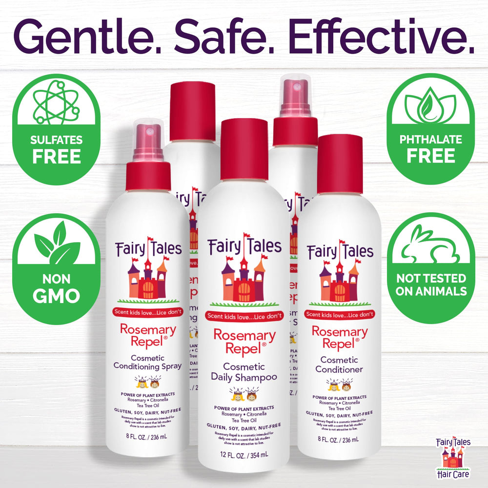 Fairy Tales Rosemary Repel bottle being dispensed demonstrates easy application.