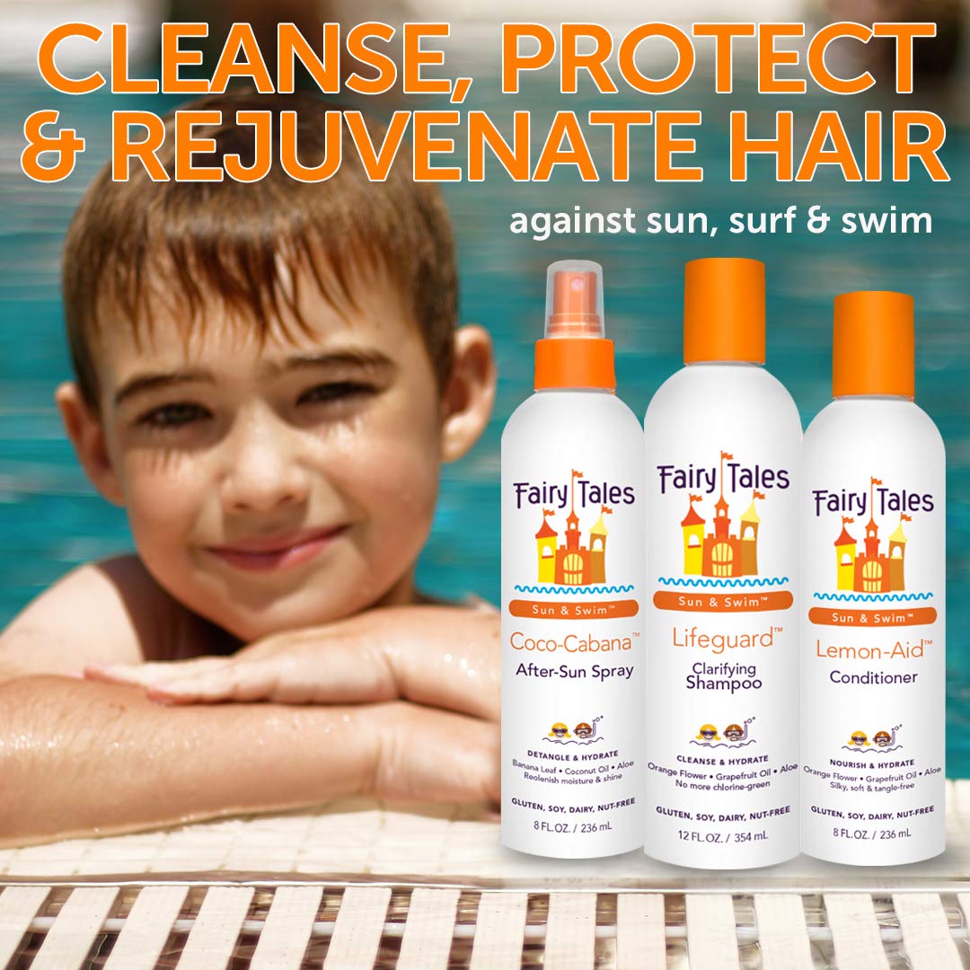Fairy Tales Swim Conditioner bottle pour provides moisture for summer hair.