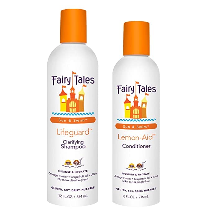 Fairy Tales Swim Shampoo bottle pour promotes easy detangling for kids.