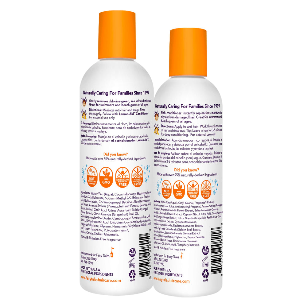 Fairy Tales Swim Shampoo natural ingredients label shows grapefruit and pineapple for gentle cleansing.