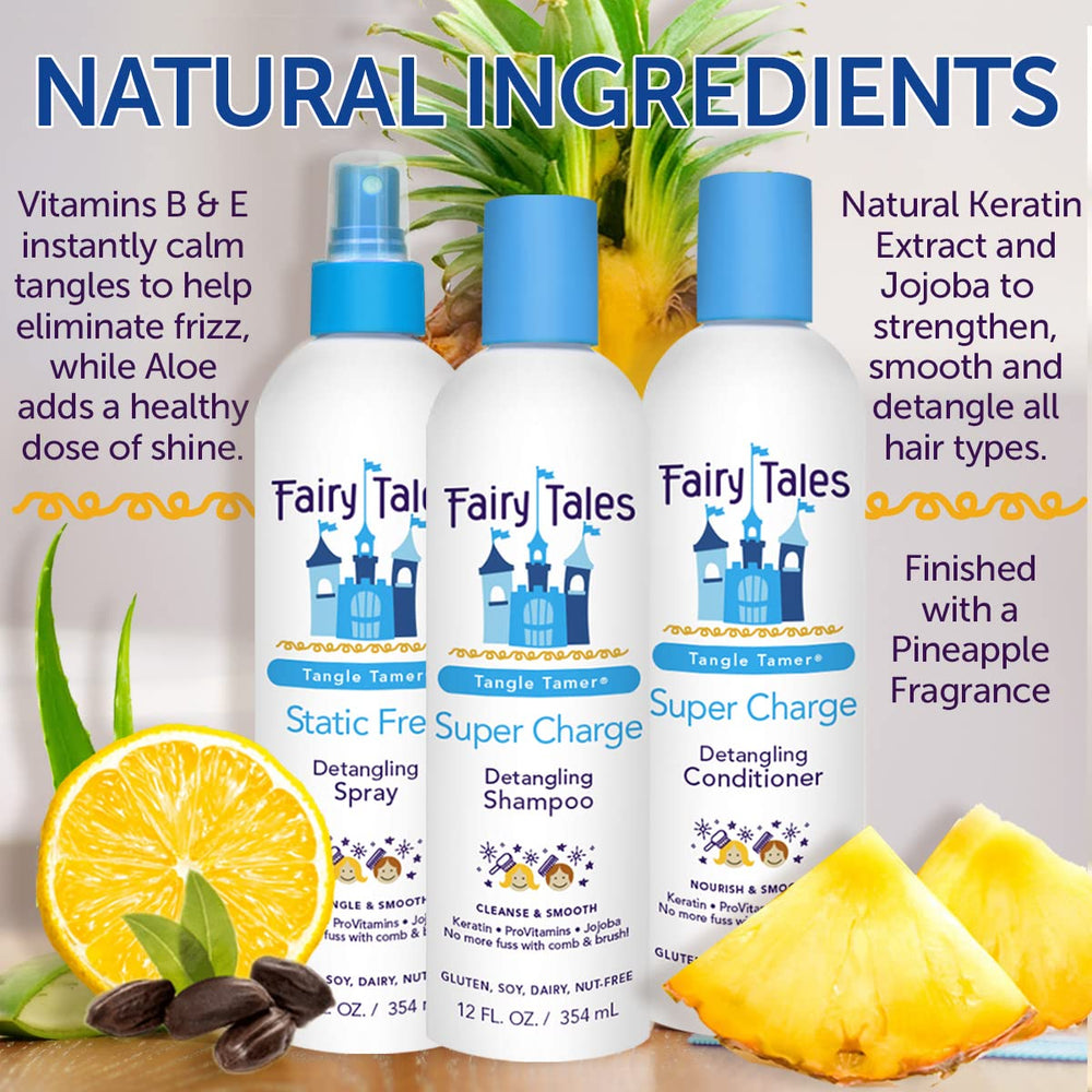 Fairy Tales Tangle Tamer family-use scene conveys versatile care for varied hair textures.