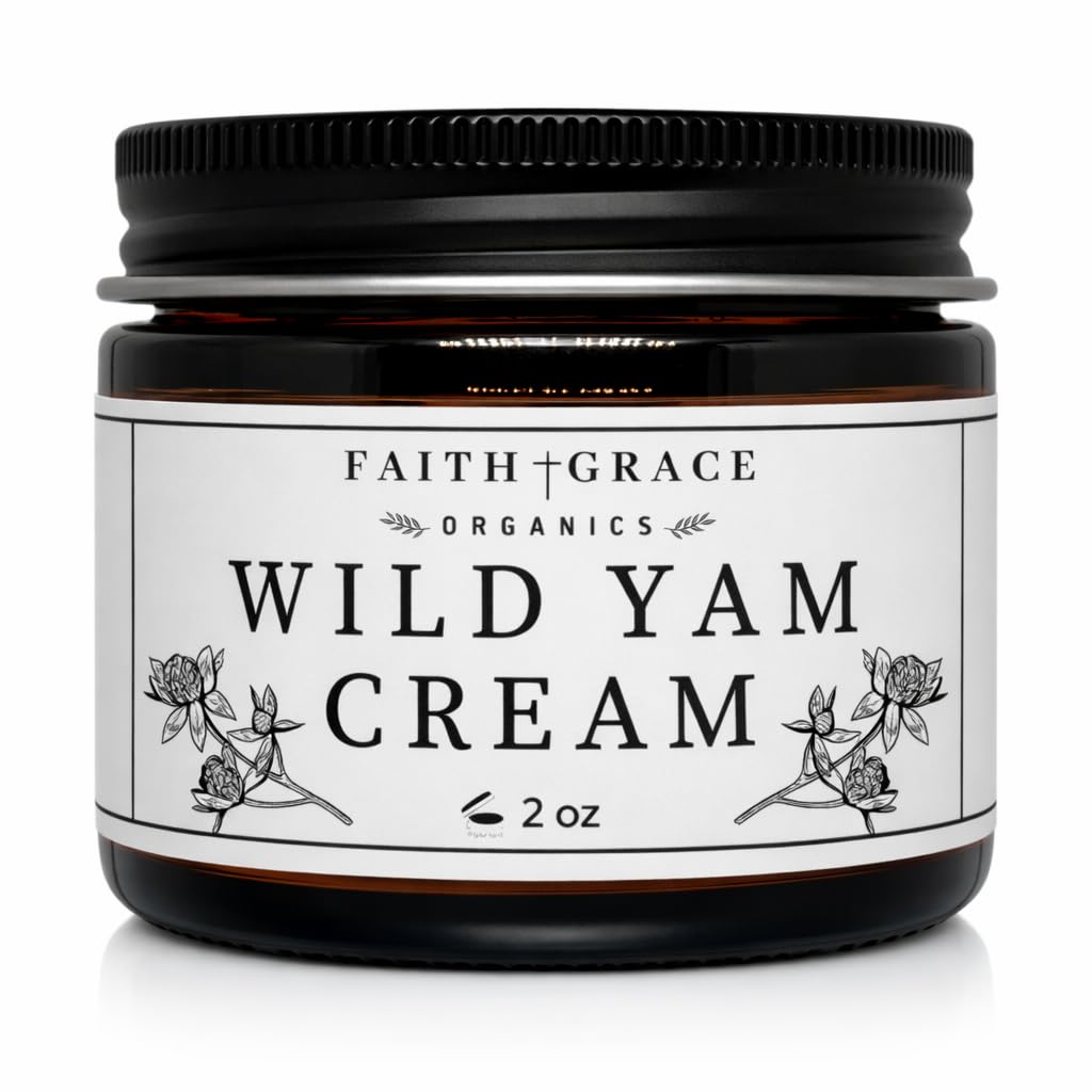 Faith and Grace Organics Wild Yam Cream bottle for daily hormonal balance support.