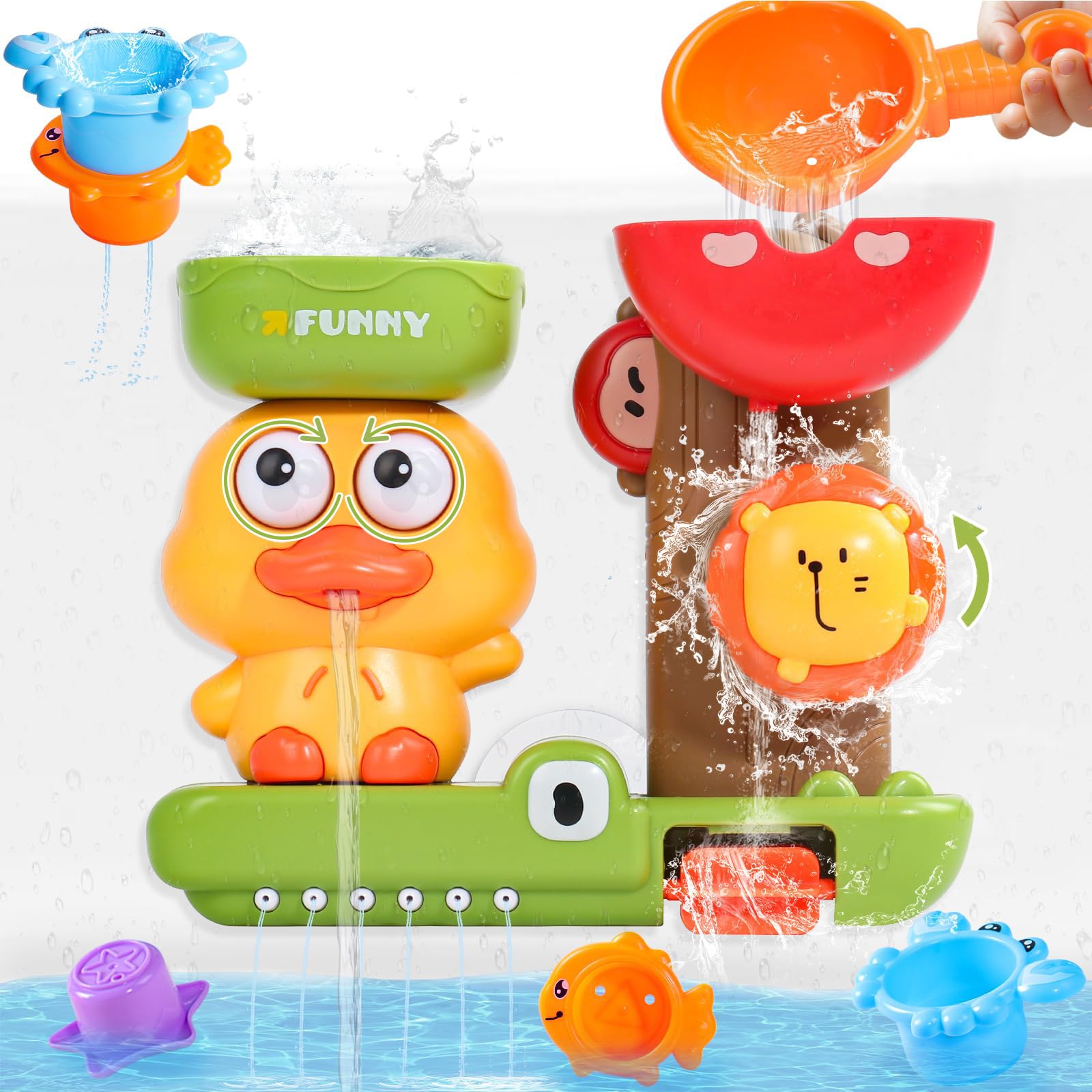 Fajiabao duck bath toy with rotating eyes and water spray for engaging bath play