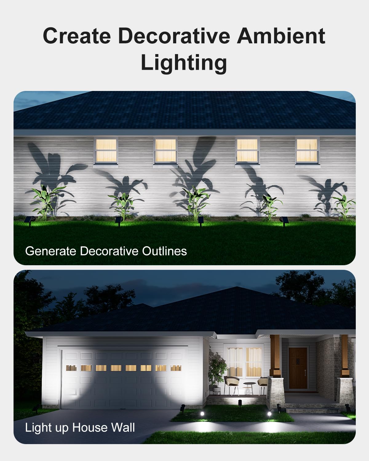 Falove solar spotlight casts statues in dramatic outdoor shadows.