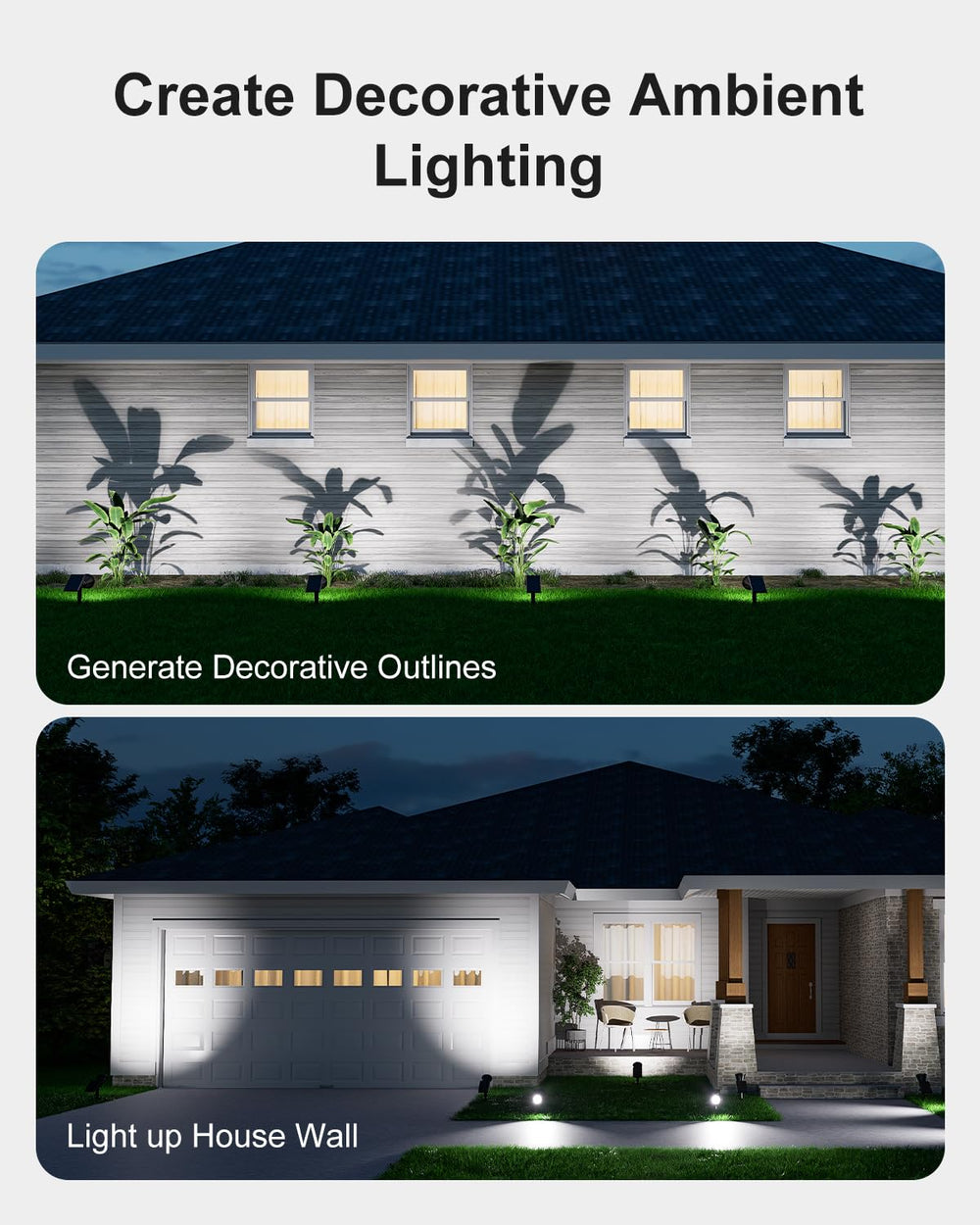 Falove solar spotlight casts statues in dramatic outdoor shadows.
