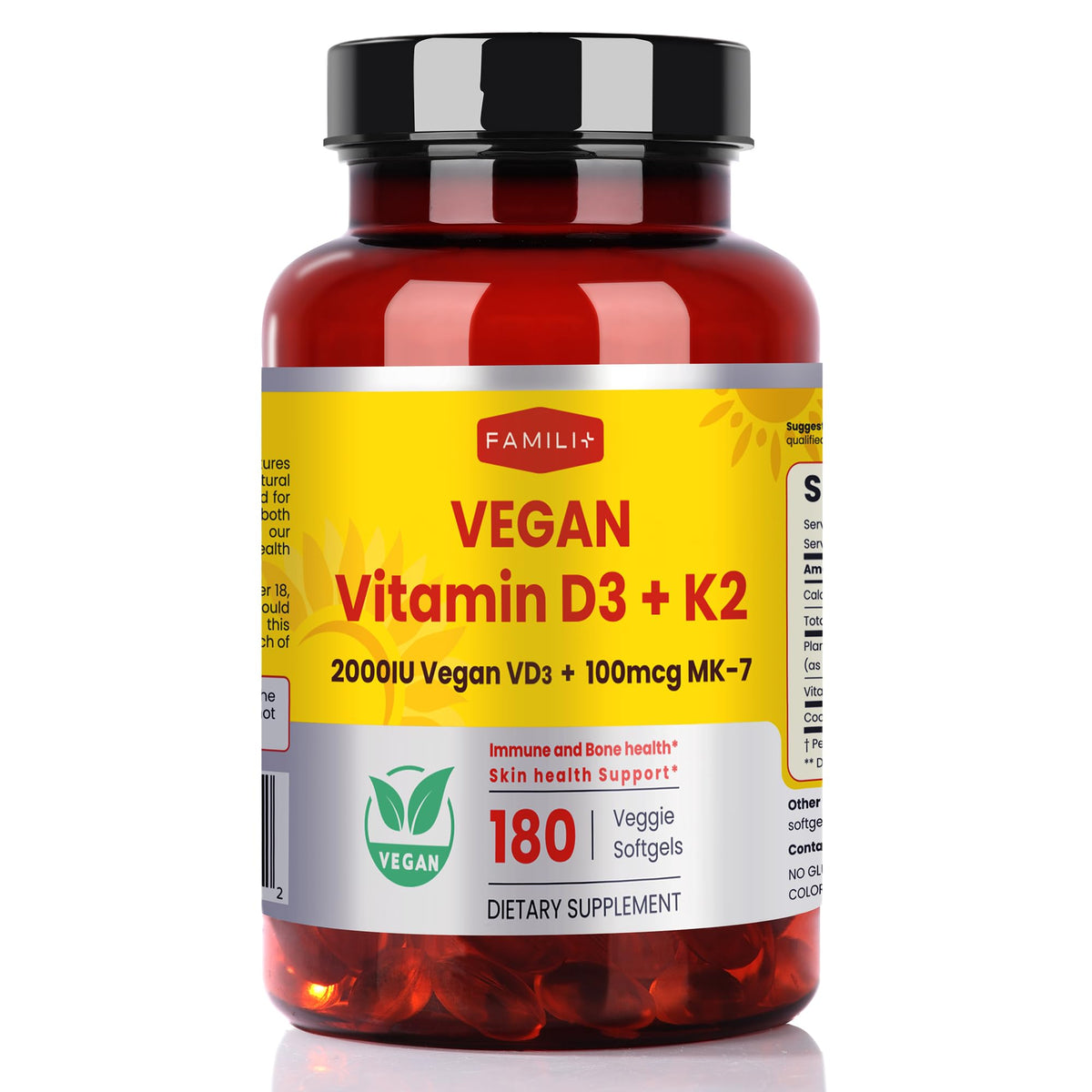 FAMILI+ D3K2 softgel bottle showing vegan formula and coconut MCT oil