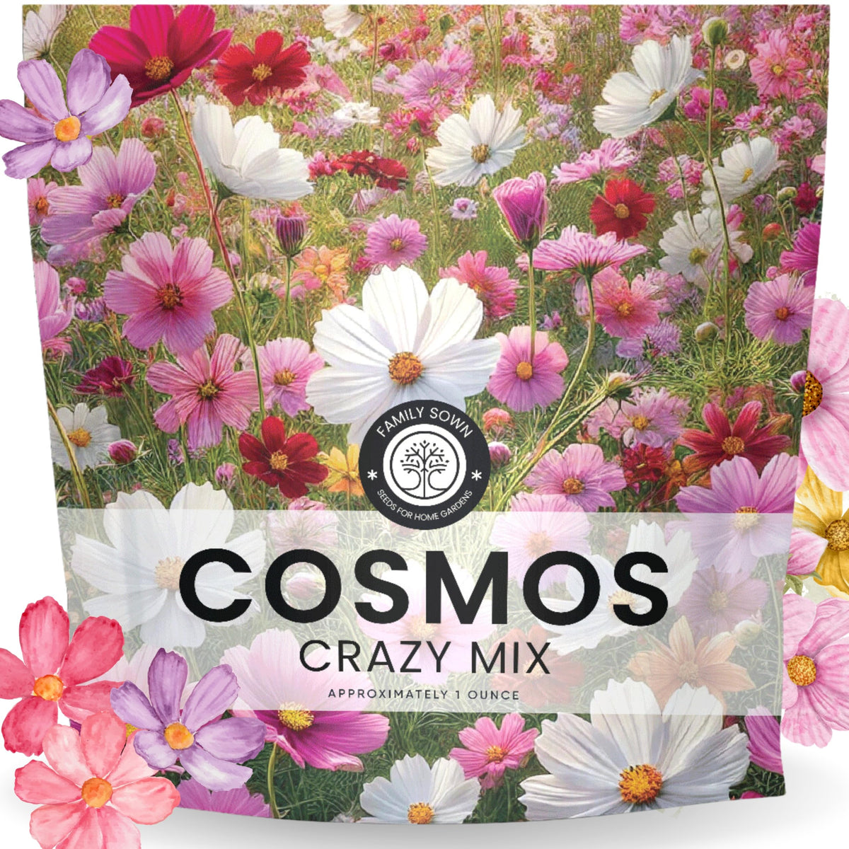 Family Sown Crazy Cosmos Mix 1oz packet ready for border color