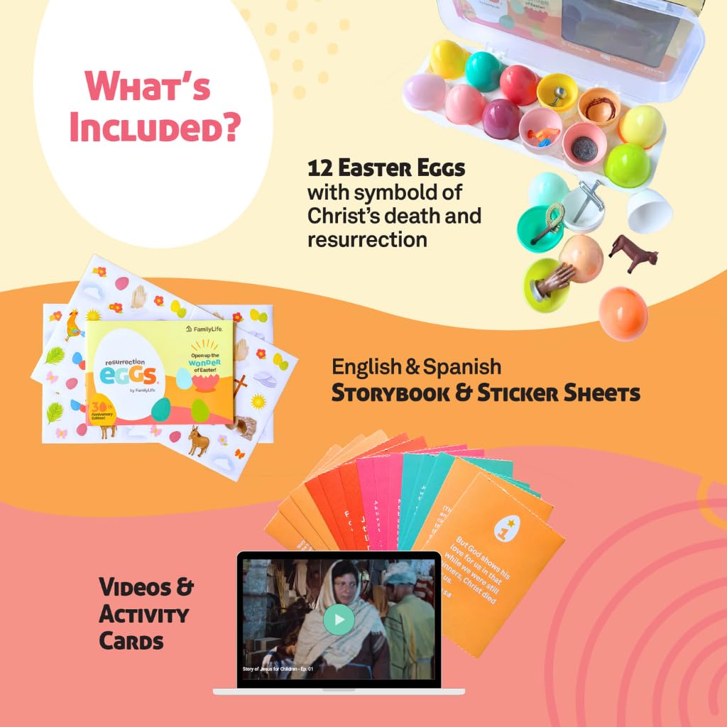 Colorful twelve eggs illustrate the Easter narrative for kids' learning.