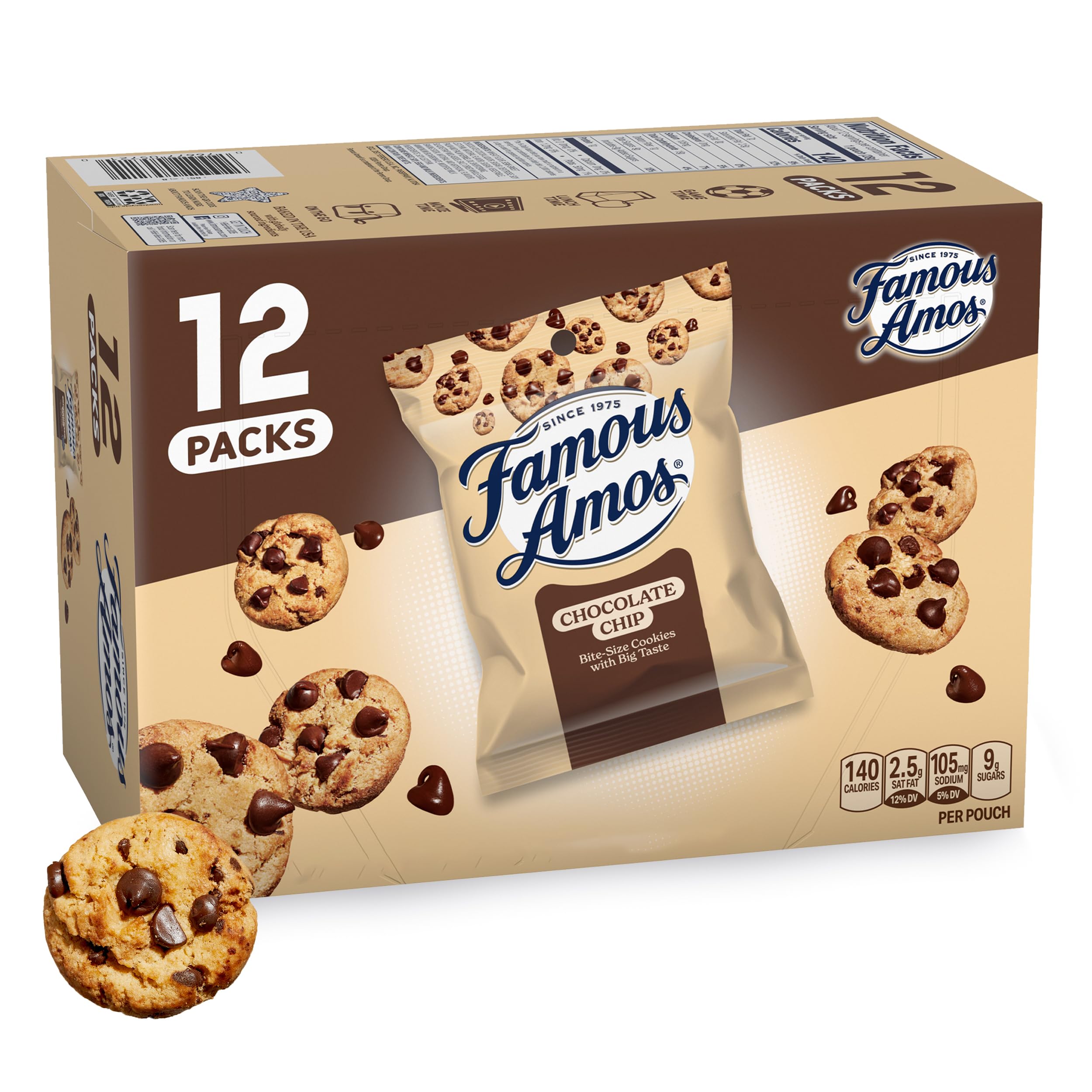 Famous Amos classic chocolate chip cookies in a 12-pack for sharing.