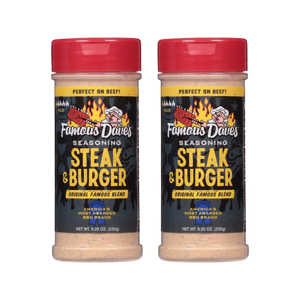 Famous Dave's steak & burger seasoning 2-pack front view enhances grilled flavor.