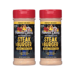 Famous Dave's steak & burger seasoning 2-pack front view enhances grilled flavor.