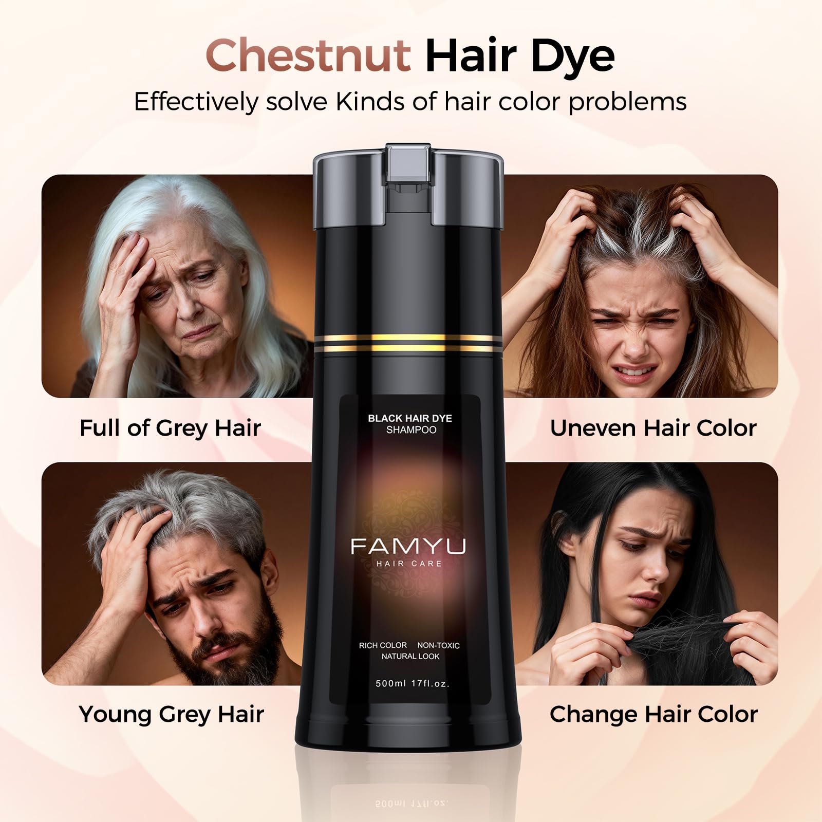 Close-up of Famyu 3-in-1 herbal shampoo being applied to hair.