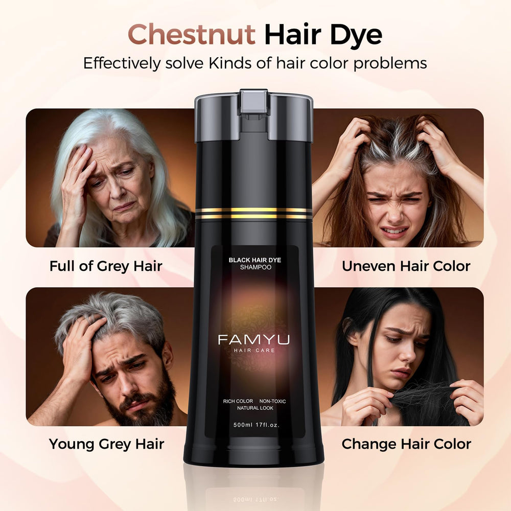 Close-up of Famyu 3-in-1 herbal shampoo being applied to hair.