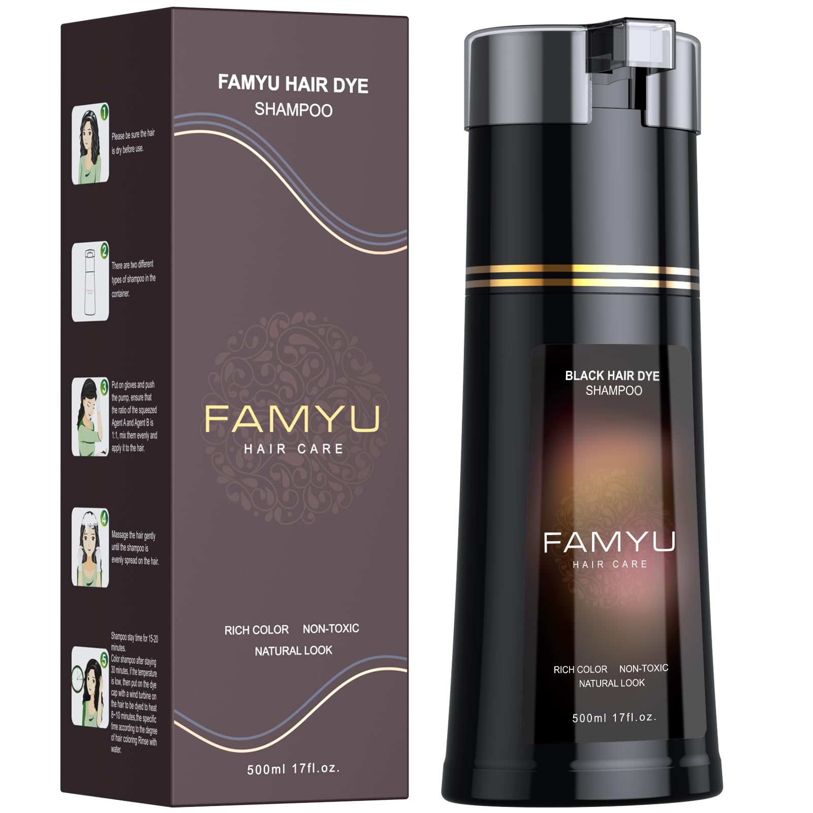 Famyu black hair dye shampoo bottle delivering rich color and gray coverage.
