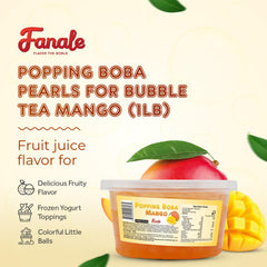 Close-up shows mango filling bursting from a soft, chewy pearl.