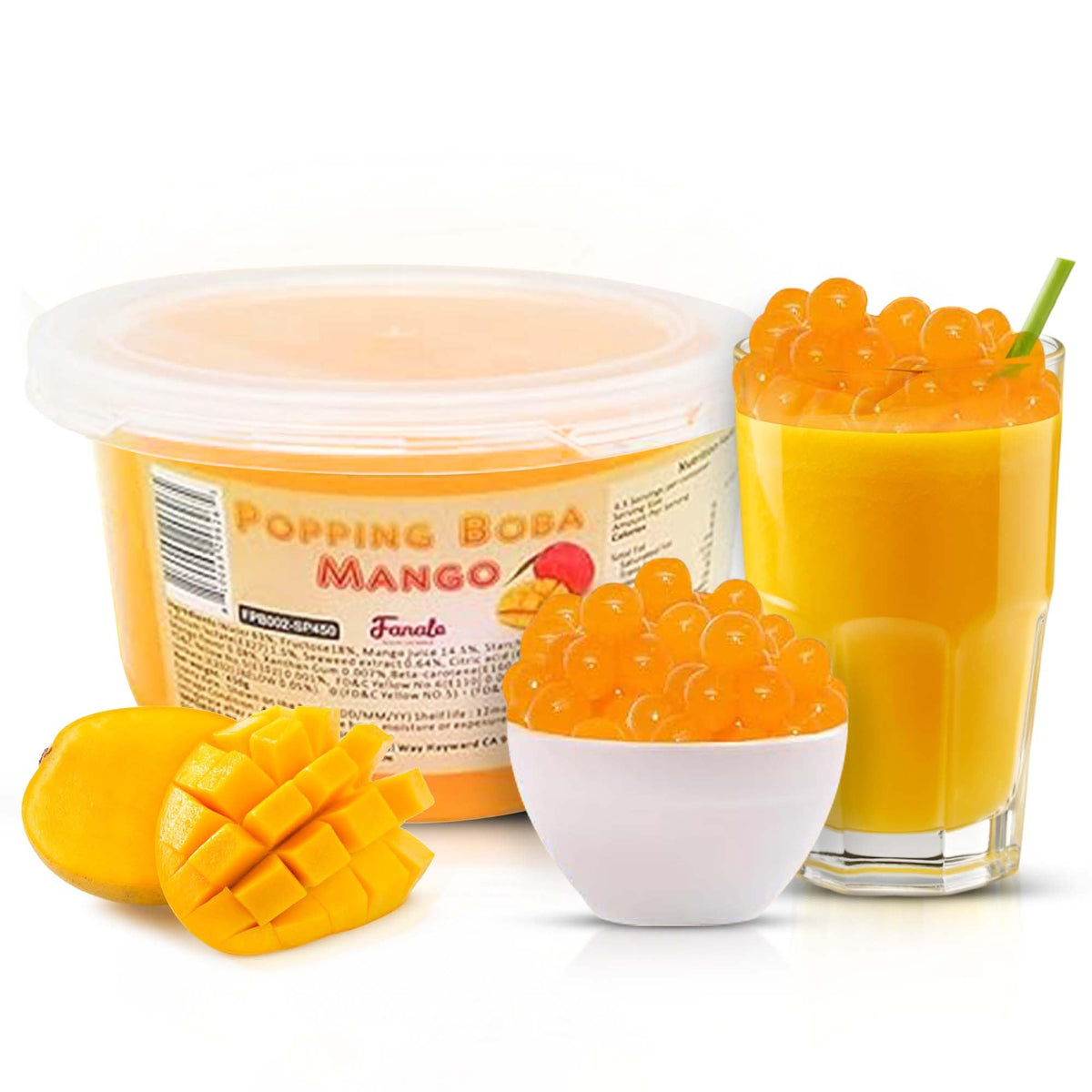 Fanale Mango Popping Boba Pearls packaging showcases the brand and ready-to-use toppings.