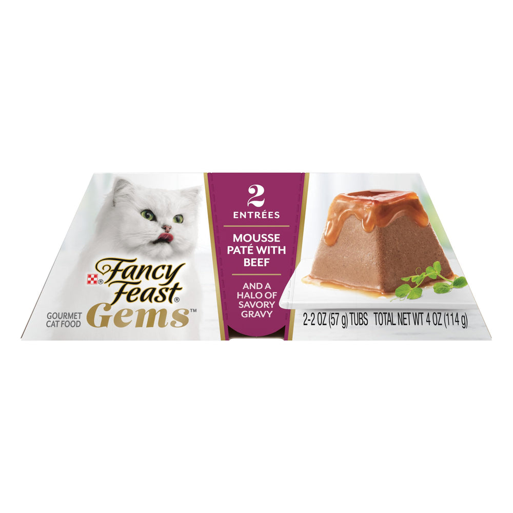 Fancy Feast Gems Beef Pate – close-up shows rich texture and glossy gravy.