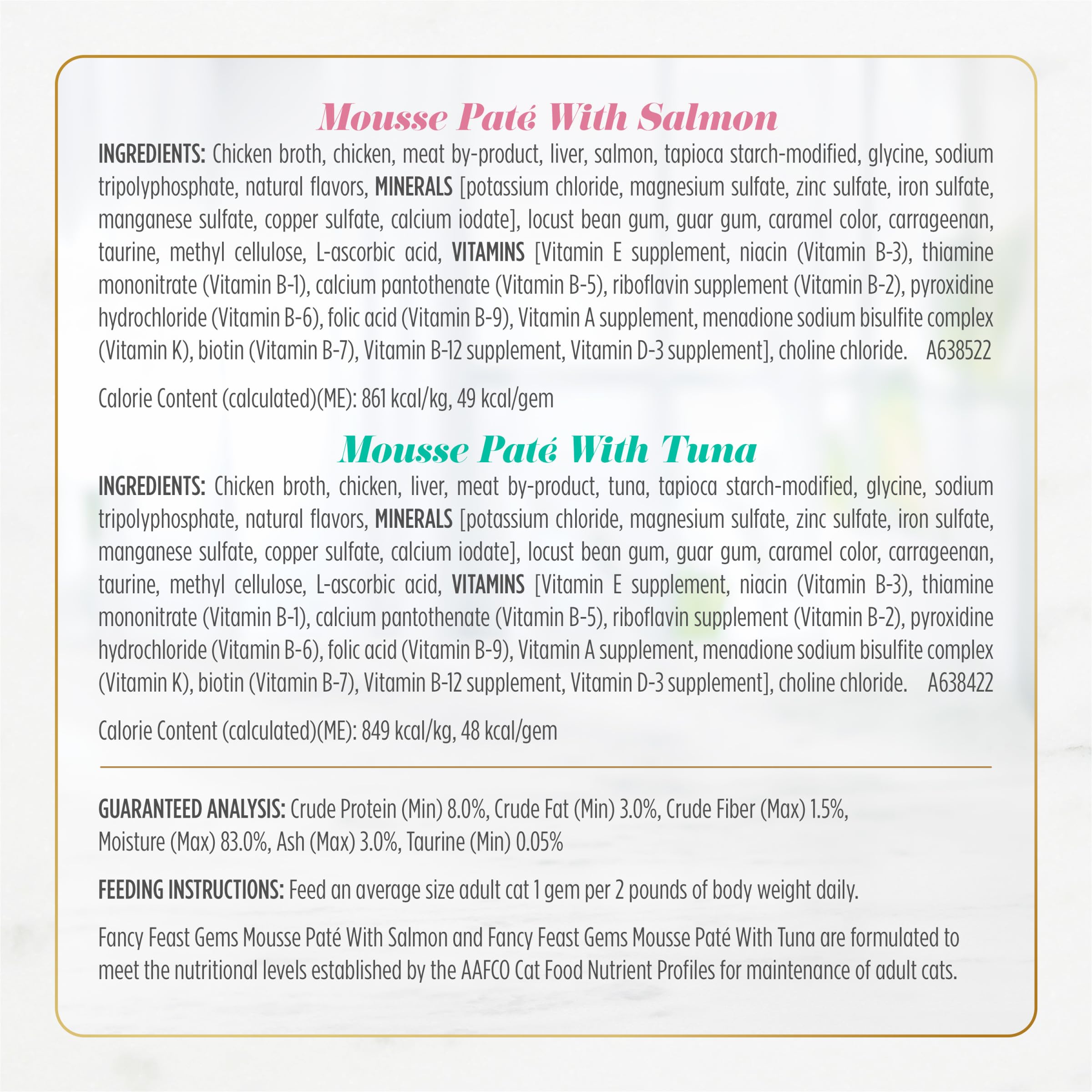 Fancy Feast Gems packaging closeup; premium presentation signals a gourmet, portioned cat meal.