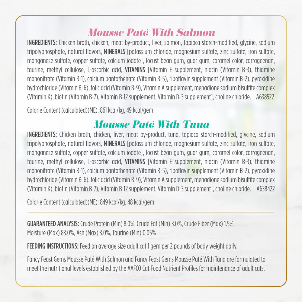 Fancy Feast Gems packaging closeup; premium presentation signals a gourmet, portioned cat meal.