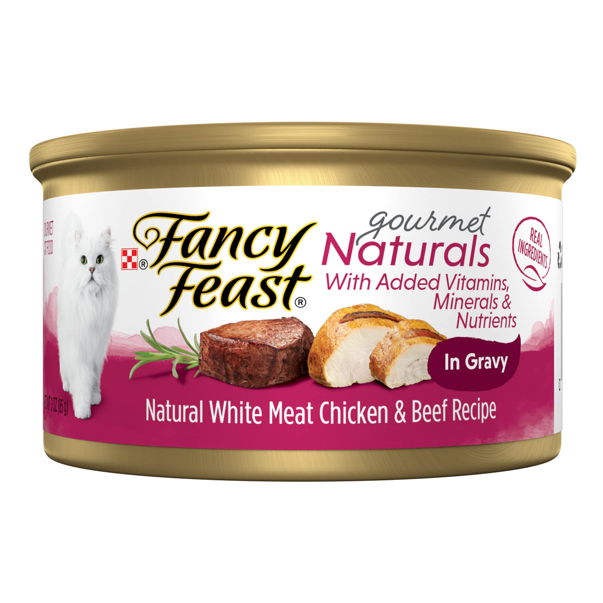 Fancy Feast Gourmet Naturals poulet blanc et boeuf en sauce onctueuse, appétit élevé pour chat adulte.