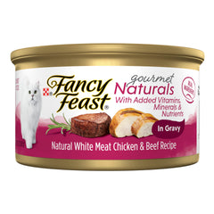 Fancy Feast Gourmet Naturals poulet blanc et boeuf en sauce onctueuse, appétit élevé pour chat adulte.